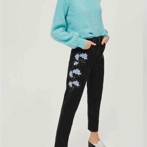 Topshop Moto Black Floral Embroidery Mom Fit Jeans Size 25